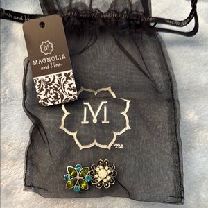 Magnolia and Vine Brooch Set with Blue and Green Accents